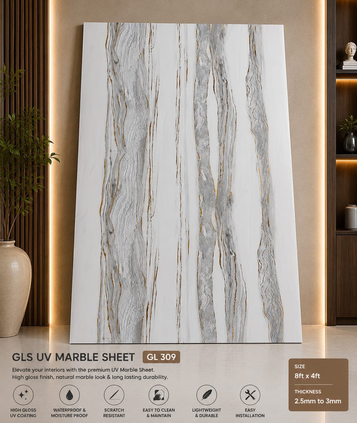 Silver Stream Marble UV Sheet | Premium PVC Wall Panel | 8 × 4 Feet