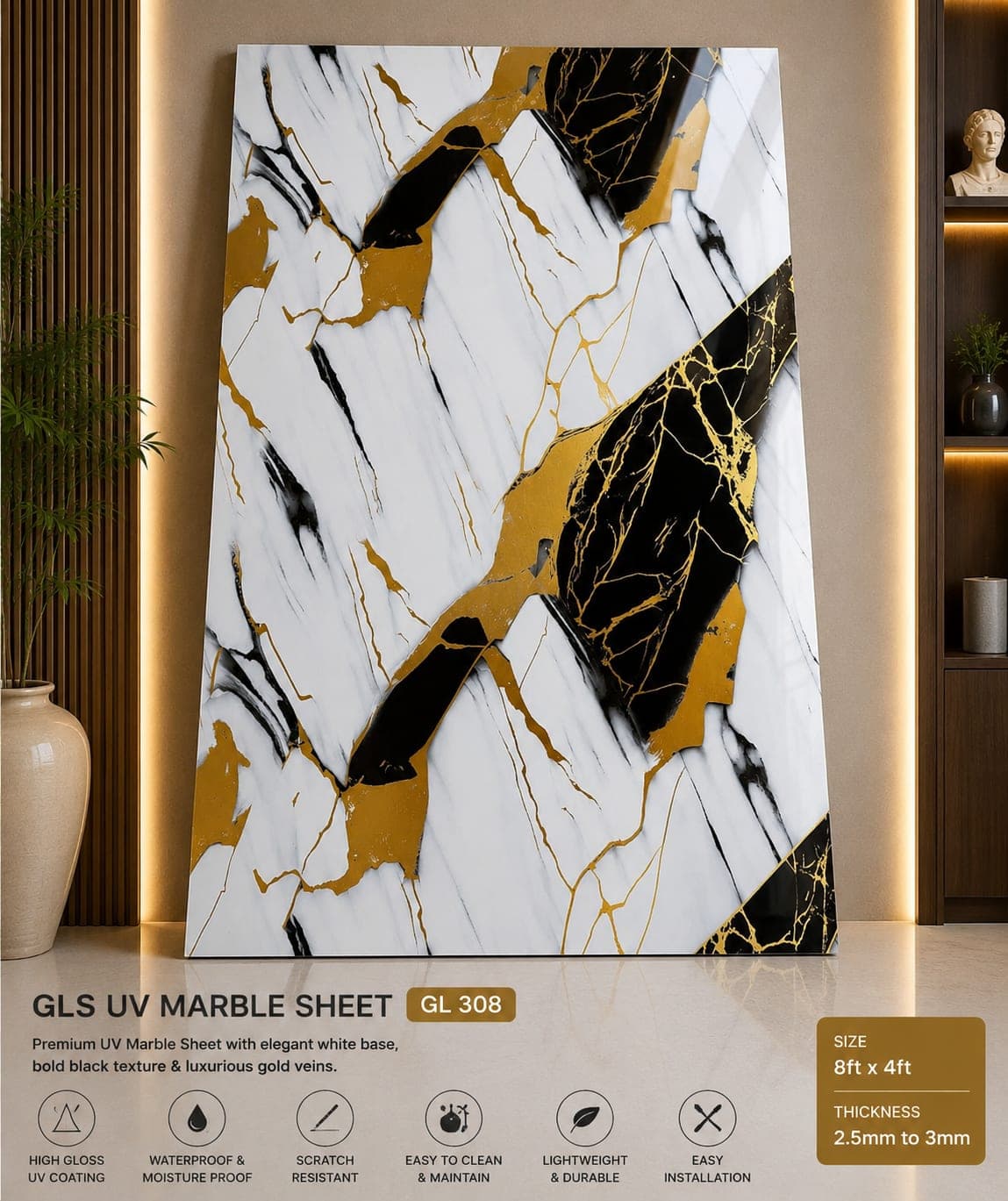 uxury Black & Gold Marble UV Sheet  Premium PVC Wall Panel  8 × 4 Feet