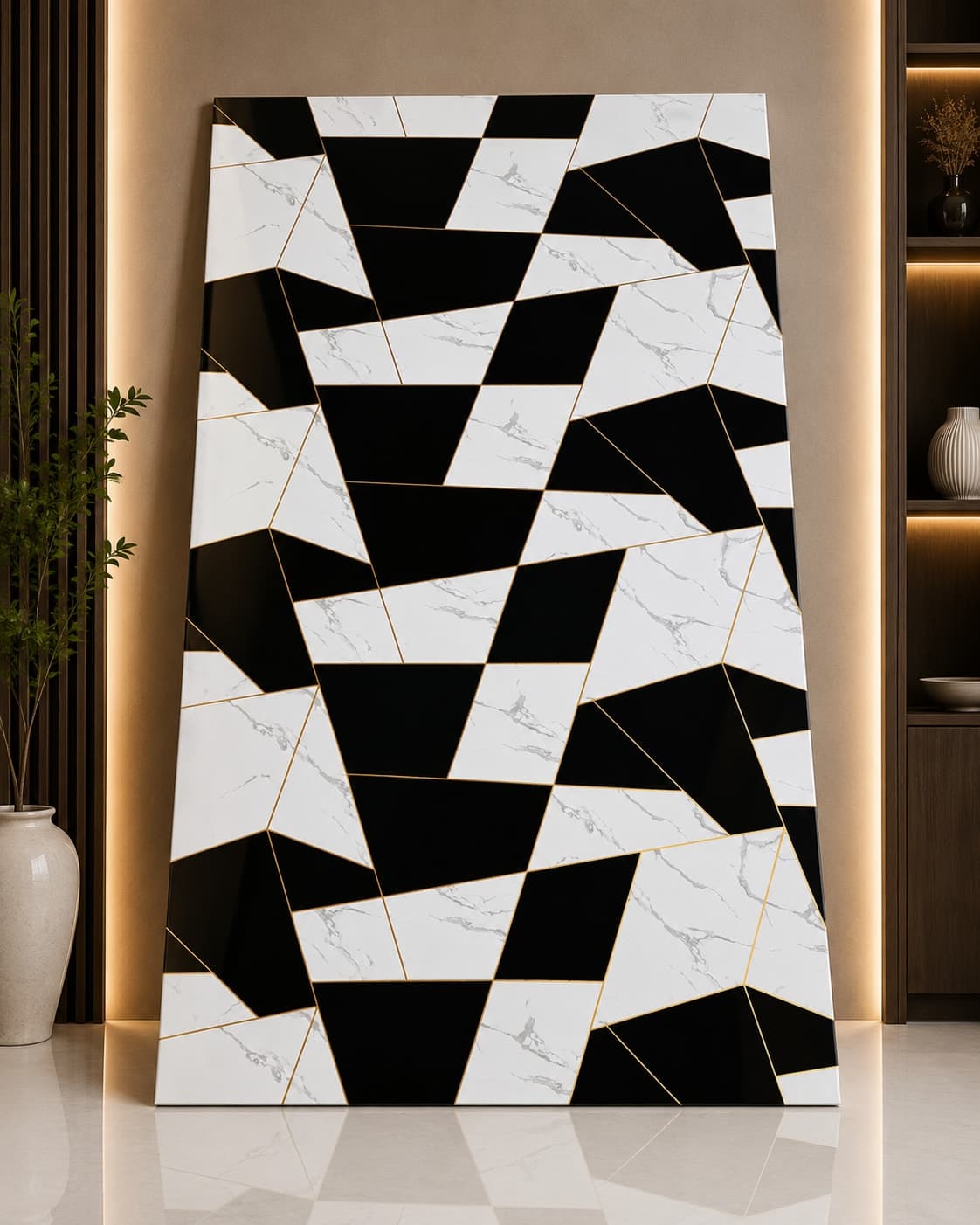Black & White Geometric UV Marble Sheet | Premium PVC Wall Panel | 8 × 4 Feet