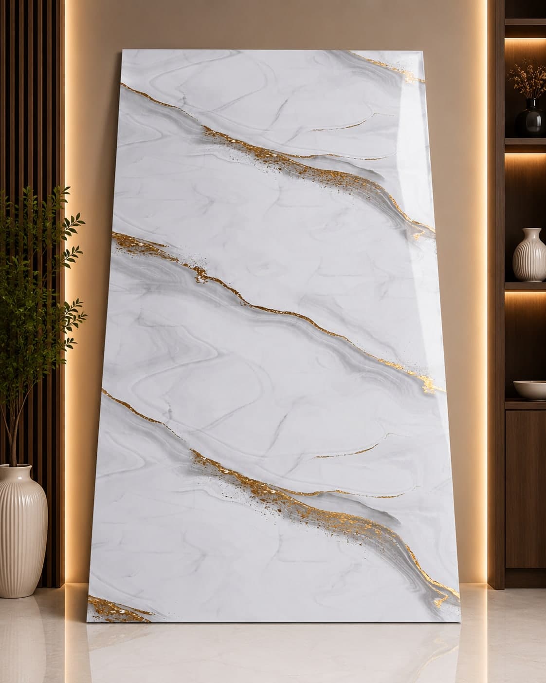 Luxury White Gold Flow UV Marble Sheet | Premium PVC Wall Panel | 8 × 4 Feet