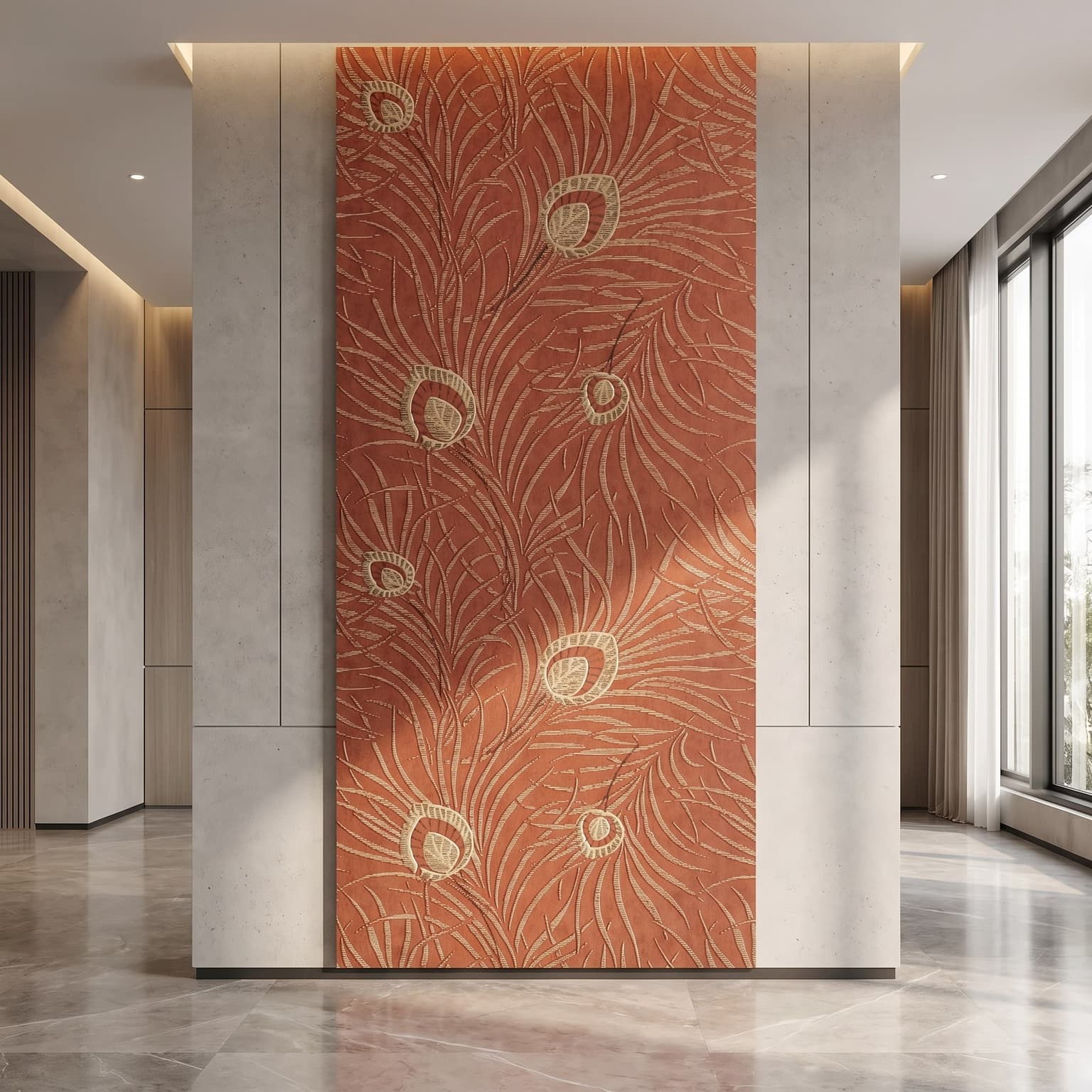 Super Heavy PVC Wall Panel  Terracotta Peacock Feather Designer Panel  10 ft × 10 inch