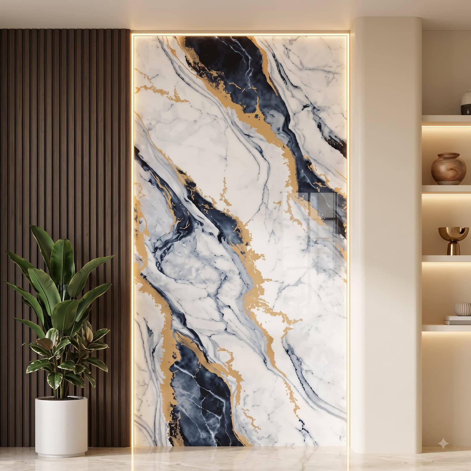 White Blue Gold Vein UV Marble Sheet | 8 × 4 Feet image 1