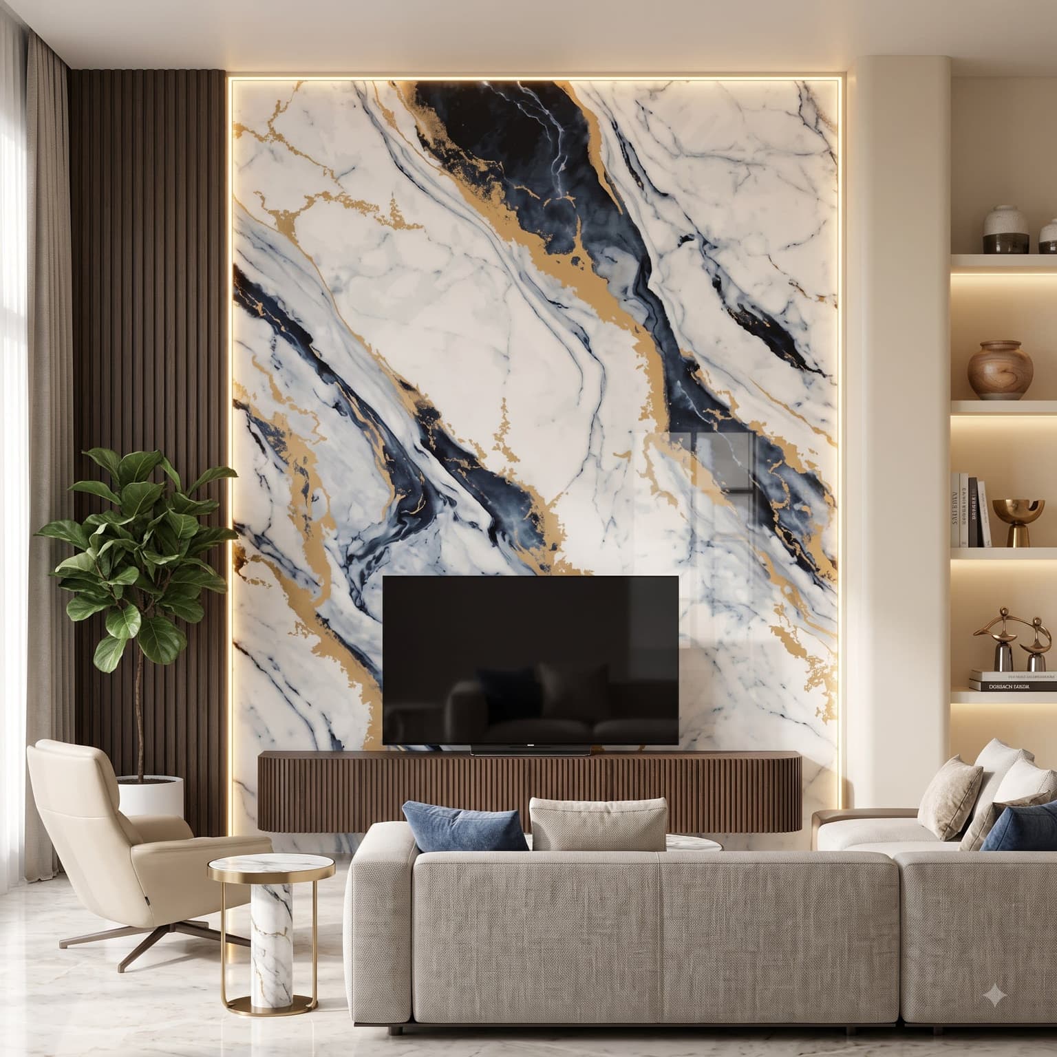 White Blue Gold Vein UV Marble Sheet | 8 × 4 Feet thumbnail 2
