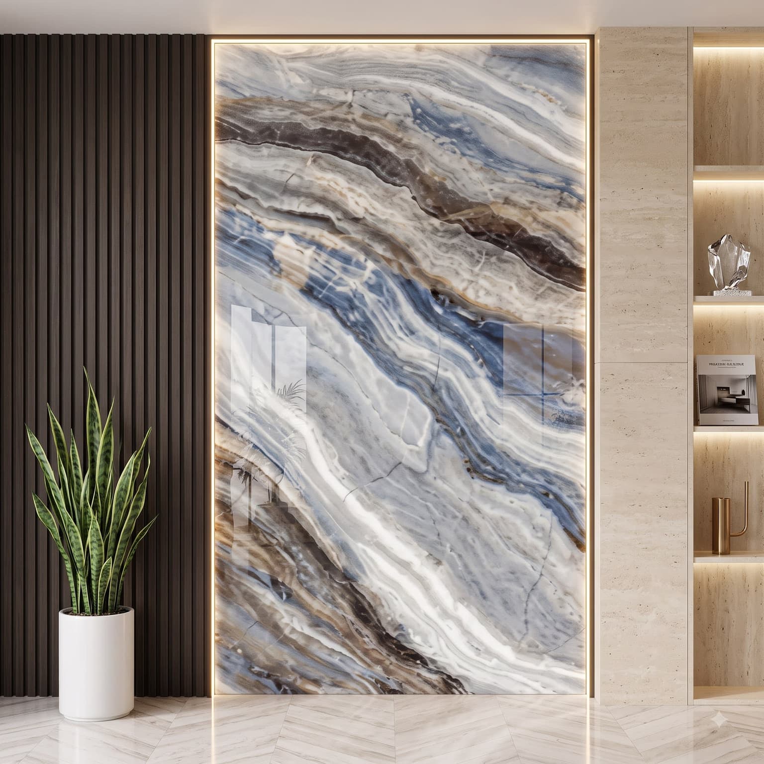 Blue Grey Wave Vein UV Marble Sheet | 8 × 4 Feet image 1