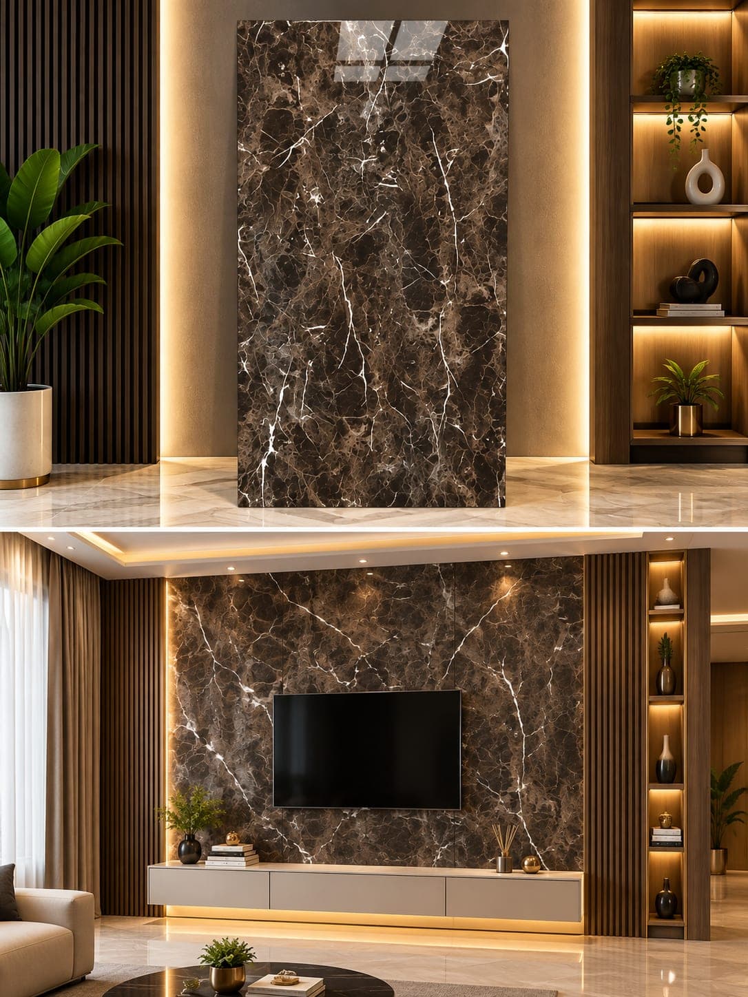 Dark Brown White Vein UV Marble Sheet | 8 × 4 Feet image 1