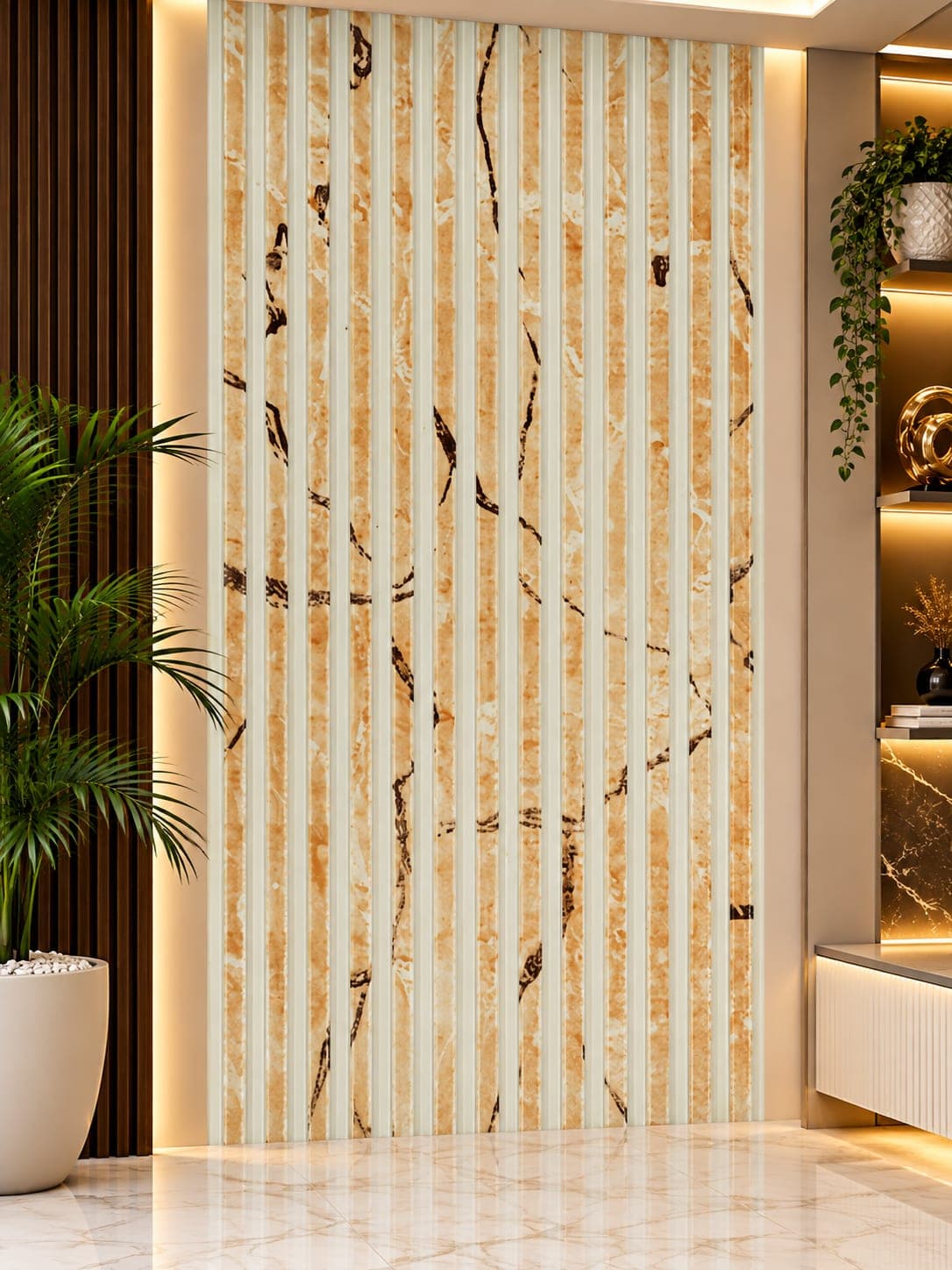 Golden Marble Texture Fluted Wall Panel MNH-1003 | 12 Inch × 10 Feet image 1
