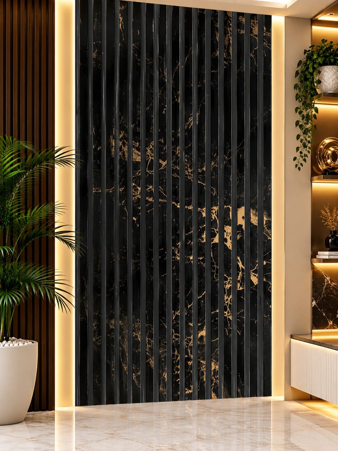 Black Gold Portoro Marble Texture Fluted Wall Panel MNH-1006 | 12 Inch × 10 Feet image 1