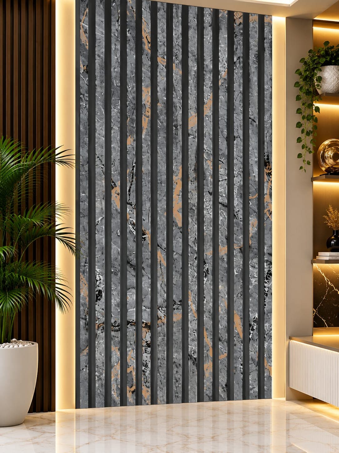 Charcoal Grey Gold Vein Fluted Wall Panel MNH-1009 | 12 Inch × 10 Feet image 1