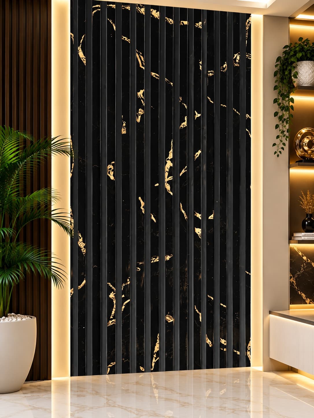 Black Laurent Gold Vein Fluted Wall Panel MNH-1013 | 12 Inch × 10 Feet image 1