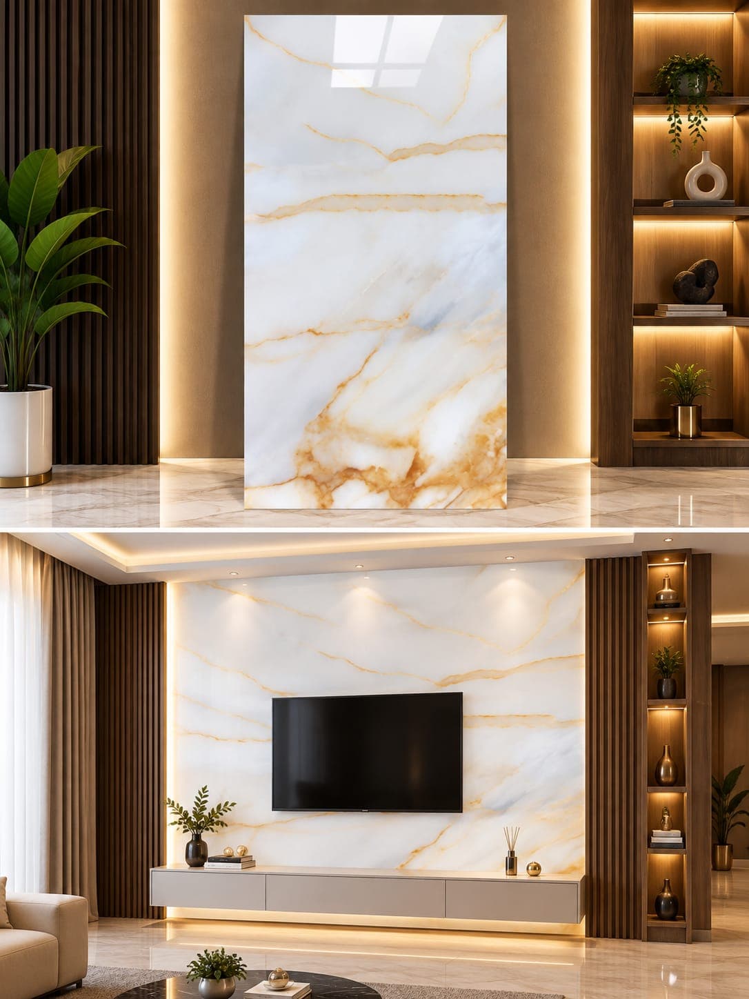 White Gold Cloud Vein UV Marble Sheet | 8 × 4 Feet image 1