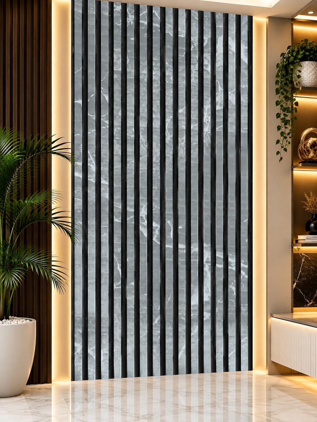 Grey Marble Black Groove Fluted Wall Panel MNH-1007 | 12 Inch × 10 Feet image 1